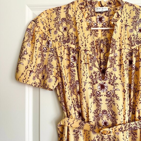 SANDRO Suzette Belted Floral Print Satin-Twill Mini Dress in Yellow Size S - Picture 3 of 9